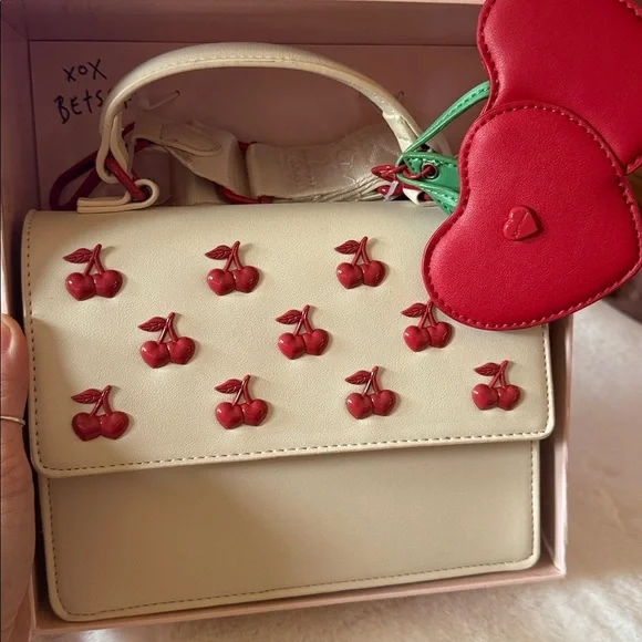 Betsey Johnson Cherry Mini Bag and Cherry Bag Charm Gift Set Cream and Red - Picture 8 of 8